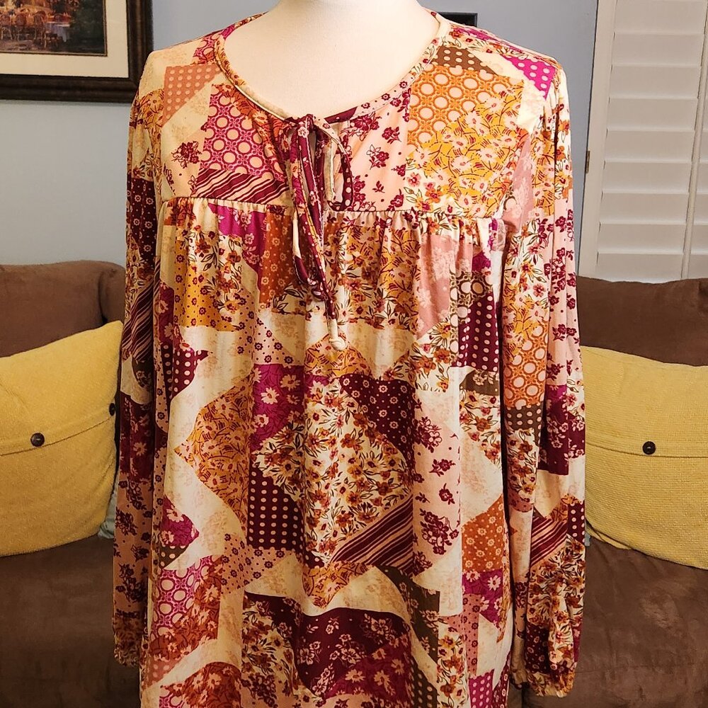 Burgundy Cream Patchwork Pattern Baby Doll Style Blouse Haptics By Holly Harper